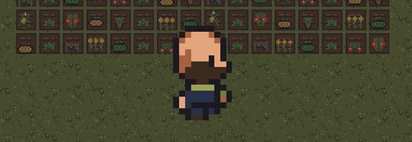 A pixel art scene shows a character with a beard viewed from behind, standing on grass in front of a grid of planter boxes containing various crops.