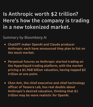 A Bloomberg AI summary titled 'Is Anthropic worth $2 trillion? Here's how the company is trading in a new tokenized market,' discussing OpenAI and Anthropic listing plans, perpetual futures pricing Anthropic at $1.968B (topping $2T), and Tessera Lab CTO Chan Anh's skepticism about the valuation.
