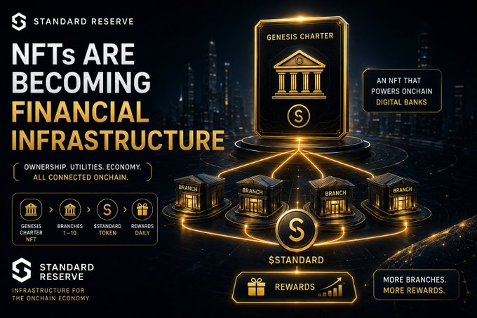 A promotional graphic by Standard Reserve ($STANDARD) titled "NFTs Are Becoming Financial Infrastructure," depicting a glowing "Genesis Charter" NFT powering a network of digital "Branches" (1-10), connecting ownership, utilities, and rewards through the $Standard token to enable onchain digital banking.