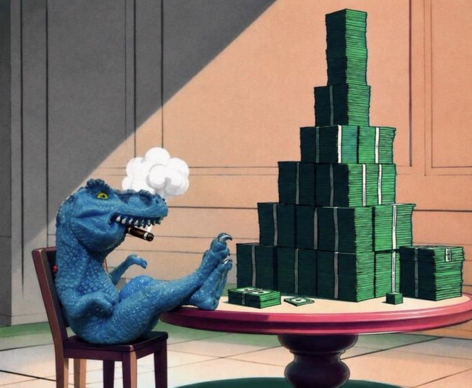 A whimsical illustration of a blue dinosaur smoking a cigar while sitting at a table next to a massive pyramid of cash bundles.