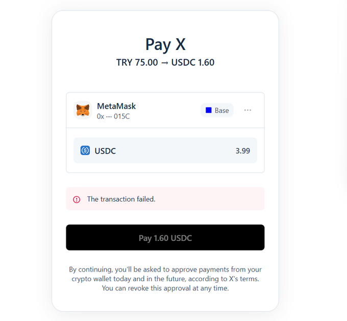 A digital payment screen for 'Pay X' shows a failed transaction trying to convert TRY 75.00 to USDC 1.60 using a MetaMask wallet on the Base network.