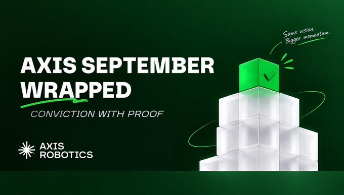 A dark green promotional graphic for AXIS ROBOTICS featuring stacked blocks and a green checkmark block, with text reading 'AXIS SEPTEMBER WRAPPED', 'CONVICTION WITH PROOF', and 'Same vision. Bigger momentum.'