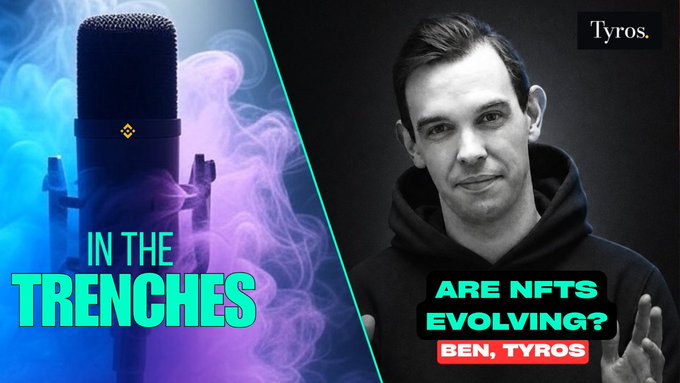 Podcast thumbnail for "In The Trenches" featuring Ben from Tyros, with text promoting an episode titled "Are NFTs Evolving?" discussing NFT projects and featuring @ben__crypto23, builder of @CronosArmy212 and @tyrosmarket, set to air Wednesday at 11 UTC.