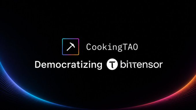 A promotional graphic featuring the "CookingTAO" logo alongside the tagline "Democratizing bittensor," set against a dark background with vibrant blue and orange light arcs curving along the bottom. The image visually reinforces the post's message about simplifying TAO mining on the Bittensor network, with a colorful, tech-forward design that highlights the platform's branding.