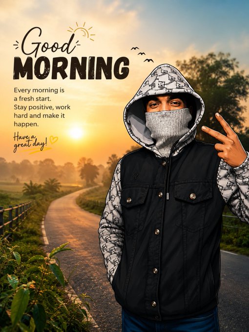 A person wearing a hooded vest and face covering makes a peace sign, with a sunrise over a road and the text 'Good Morning - Every morning is a fresh start. Stay positive, work hard and make it happen. Have a great day!'