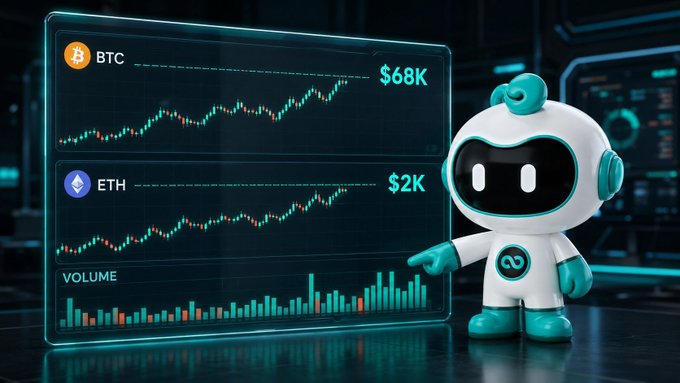 Futuristic scene with a white and teal robot mascot pointing at a digital screen displaying BTC at $68K and ETH at $2K charts with volume bars.