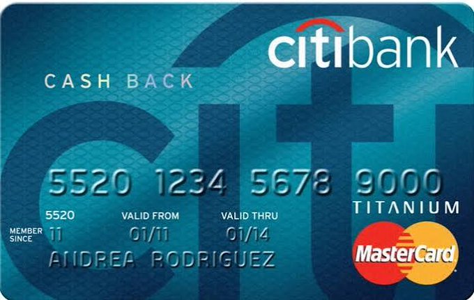 A blue Citibank Cash Back Titanium Mastercard credit card with the number 5520 1234 5678 9000, issued to Andrea Rodriguez, valid from 01/11 to 01/14.