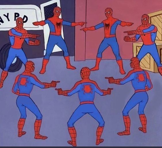A cartoon image showing multiple Spider-Man characters pointing at each other in a circle, next to an NYPD vehicle.
