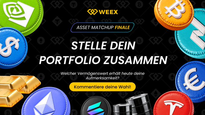 A WEEX cryptocurrency promotional banner reading 'ASSET MATCHUP FINALE' and 'STELLE DEIN PORTFOLIO ZUSAMMEN' (Set up your portfolio in German), surrounded by 3D coins featuring Bitcoin, Ethereum, Solana, and other crypto symbols.