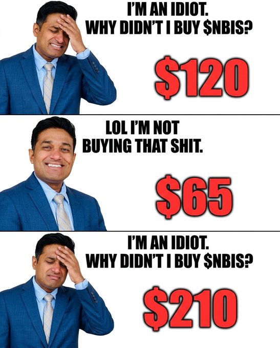 The image shows a man wearing a suit, with his hand resting on his head as he looks at the camera. Below him are three different versions of himself, each with a humorous caption about why they don't buy Snbis. The first version reads "I'm an idiot. Why didn't I buy SNBIS?" and the second version says "LOL I'm not buying that shit." The third version adds another humorous caption to the list: "I'm an idiot. Why didn't I buy SNBIS?".