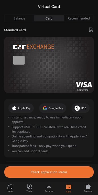 Screenshot of the HTX Exchange mobile app showing the 'Virtual Card' section for a Standard Card, featuring details about Apple Pay, Google Pay, USD support, and a 'Check application status' button.