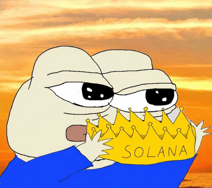 A cartoon meme featuring a character holding a golden crown labeled "SOLANA" against a sunset background.