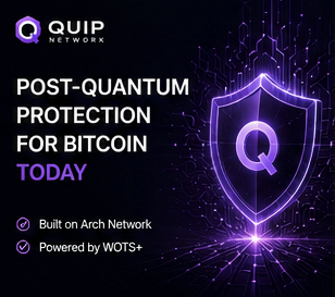 The image features a purple shield with a white Q symbol, which is part of an advertisement promoting Quip Network's Post Quantum Protection for Bitcoin. The shield is positioned above a text box that reads "Post-Quantum Protection for Bitcoin Today". The focus on usability and integration suggests that the platform is designed to be user-friendly and accessible to people who want to protect their Bitcoins from potential threats or risks in the digital world.