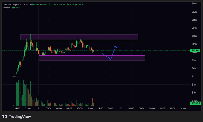 A TradingView candlestick chart of $TOAD shows the price ranging between approximately $8M and $12M, with a highlighted purple box marking a potential entry zone near the $8M support level, aligning with the post's suggestion to enter inside that box.