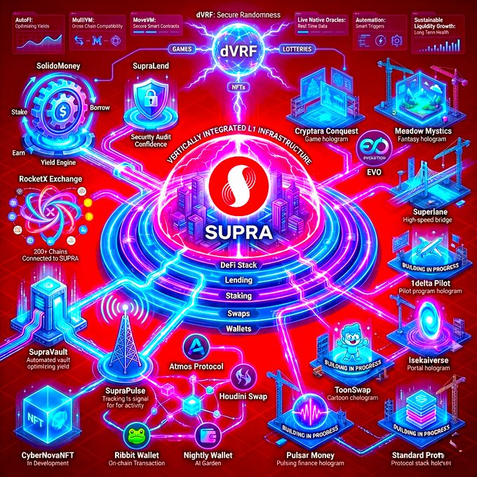 A vibrant infographic showcases the Supra blockchain ecosystem as a "Vertically Integrated L1 Infrastructure," highlighting its dVRF (Secure Randomness), MultiVM compatibility, and support for games, lotteries, and NFTs. The diagram features interconnected projects like SupraLend, SolidoMoney, SupraVault, CyberNovaNFT, Atmos Protocol, and various DeFi stack components (lending, staking, swaps, wallets), illustrating how the platform's real-world utility and growing ecosystem of 200+ connected chains create long-term value beyond price speculation.