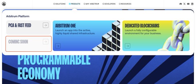 A screenshot of the Arbitrum website displays the navigation menu with options like Solutions, Products, My Arbitrum, Developers, and Resources, alongside platform offerings including "PCG & FAST FEED," "ARBITRUM ONE" (described as "Launch an app into the active, highly liquid shared infrastructure"), "COMING SOON," and "DEDICATED BLOCKCHAINS," with the tagline "PROGRAMMABLE ECONOMY" visible at the bottom—aligning with the "Tomorrow" post as it hints at upcoming features and product launches.