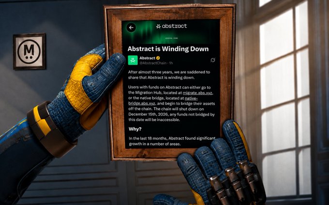 Illustration of robotic hands holding a framed announcement titled 'Abstract is Winding Down' from Abstract Chain, explaining the shutdown of the chain and migration details to native or ABX bridges by December 15th, 2026.