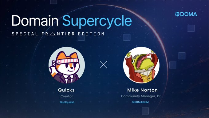 Promotional graphic for "Domain Supercycle - Special Frontier Edition" featuring a collaboration between Quicks (@solquicks) and Mike Norton (@SDMikeCM), Community Manager of D3, with the DOMA logo in the top right corner. The image advertises a live AMA Q&A scheduled for September 30th at 3pm UTC, centered on Frontier and its role in the Solana ecosystem.