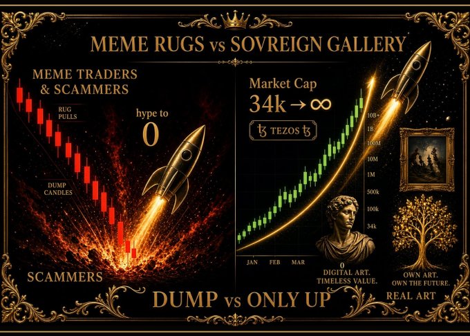 A Sovreign Gallery promotional graphic contrasting "MEME RUGS vs SOVREIGN GALLERY" with a red crash chart labeled "SCAMMERS" on the left and a green rising chart with "DIGITAL ART. TIMELESS VALUE" and "REAL ART" on the right.