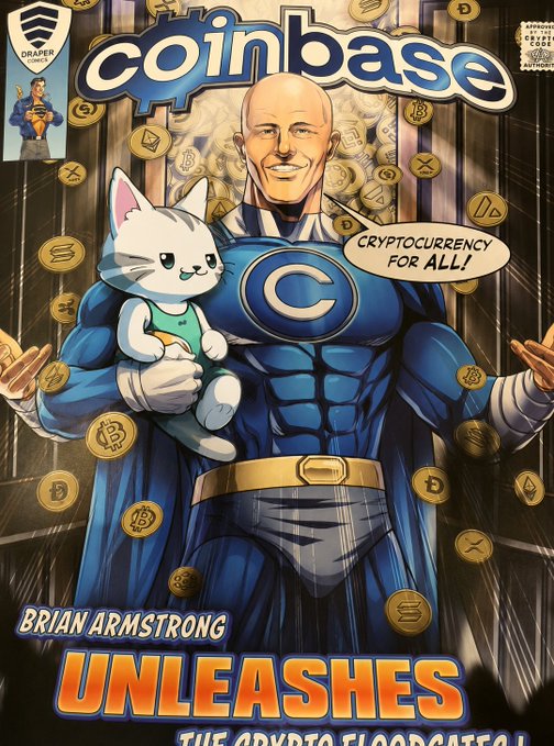 A comic book-style illustration depicts Coinbase CEO Brian Armstrong in a superhero costume holding a cat, with text reading 'Coinbase', 'CRYPTOCURRENCY FOR ALL!', and 'BRIAN ARMSTRONG UNLEASHES'.