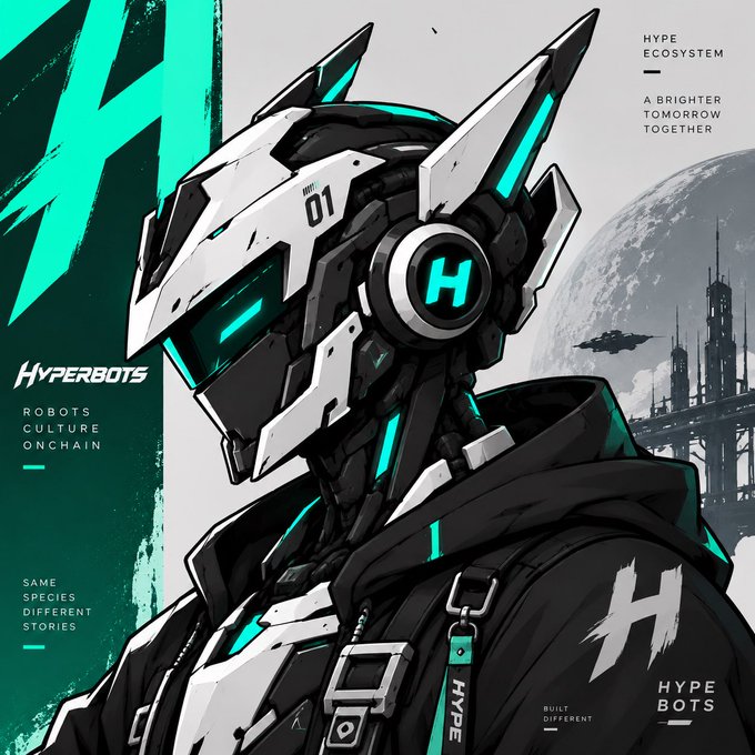 A futuristic, anime-styled robot character with glowing teal accents and an "H" emblem on its ear stands in the foreground against a sci-fi cityscape backdrop, featuring branding for "Hyperbots," "Hype Ecosystem," and "Hypebots" with text like "A Brighter Tomorrow Together," "Same Species Different Stories," "Robots Culture Onchain," and "Built Different," promoting the upcoming 999-token Hyperbots NFT collection drop on OpenSea and HyperliquidX.
