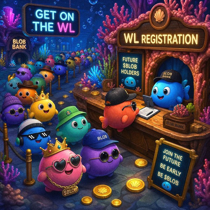 A vibrant underwater scene shows colorful cartoon blob characters wearing hats, crowns, and sunglasses lined up at a "WL Registration" booth labeled "Blob Bank," with neon signs reading "GET ON THE WL," "FUTURE $BLOB HOLDERS," and "JOIN THE FUTURE BE EARLY BE $BLOB." The whimsical image perfectly captures the post's "WEN WL? NOW WL!" message, illustrating eager $BLOB token holders rushing to secure their whitelist spots for the airdrop at blobacoin.xyz/airdrop before it's too late.