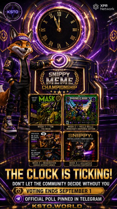 Promotional poster for the 'KSTO SNIPPY MEME CHAMPIONSHIP' featuring a fox mascot character in a purple jacket, with a clock showing voting ends September 1 and four meme entries: 'The Mask', 'Minecraft', 'Imagination Famous Internet Memes', and 'Snippy: Metallic Firefighter'.