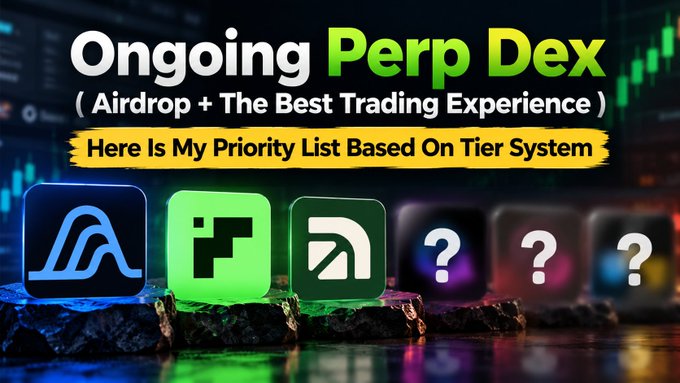 A promotional image titled 'Ongoing Perp Dex (Airdrop + The Best Trading Experience) - Here Is My Priority List Based On Tier System', displaying cryptocurrency project logos with question marks indicating unknown upcoming projects.