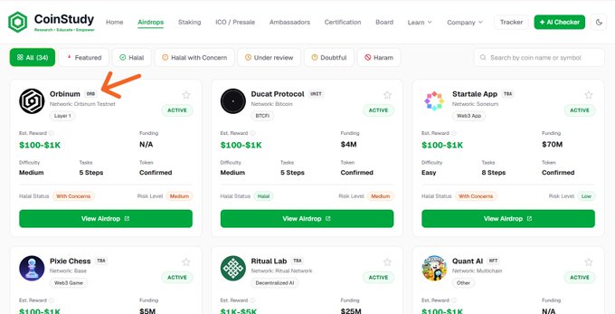 The image shows the CoinStudy airdrops page with Orbinum (ORB) highlighted as a "Network: Orbinum Testnet" airdrop offering $100-$1K in estimated rewards, Medium difficulty across 5 steps, and a "Confirmed" token status with "Halal With Concerns" designation. The page displays Orbinum alongside other active airdrops like Ducat Protocol, Startale App, Pixie Chess, Ritual Lab, and Quant AI.