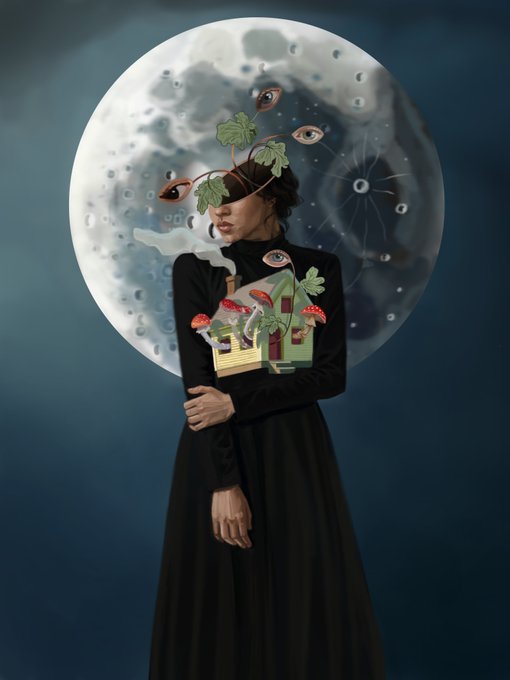 A surreal portrait of a woman in a black dress with eyes on her dress, ferns covering her eyes, and floating disembodied eyes against a large moon backdrop.