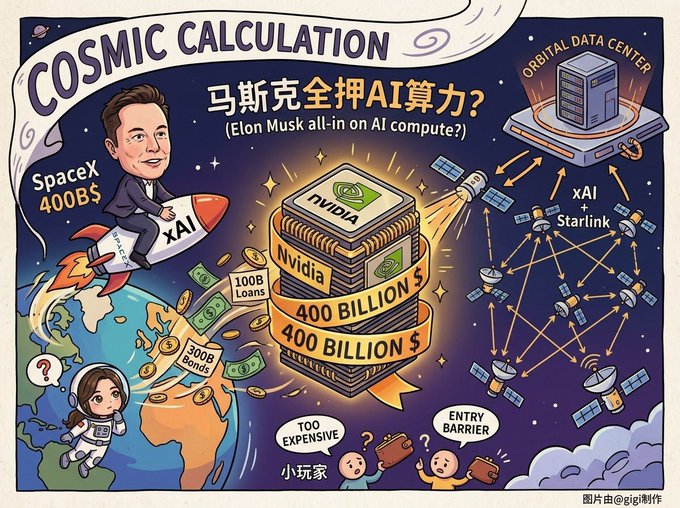 An illustrated cartoon titled "COSMIC CALCULATION" featuring Elon Musk, SpaceX, xAI, NVIDIA chips labeled "400 BILLION $", Starlink satellites, and Chinese text asking about Musk betting on AI compute power.