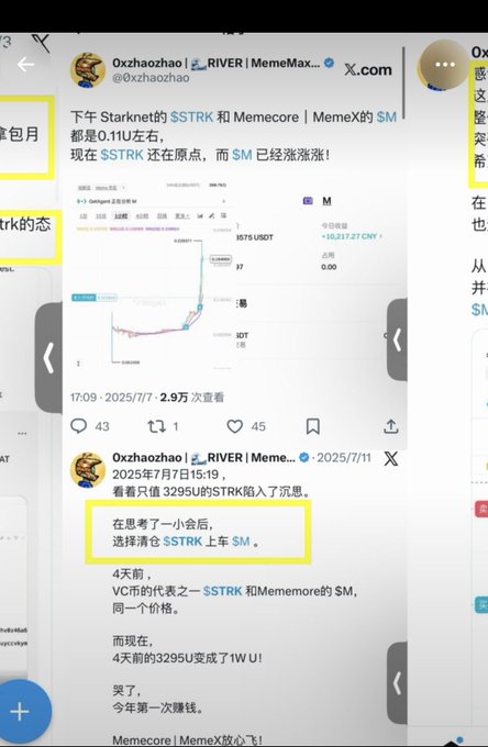 A screenshot of Chinese social media posts about Starknet's $STRK and Memecore's $M, noting both are around 0.11U, with price charts and text discussing choosing to clear $STRK to buy $M.