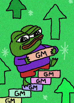 A cartoon Pepe the Frog meme holding multiple 'GM' signs on a green background with upward-pointing arrows.