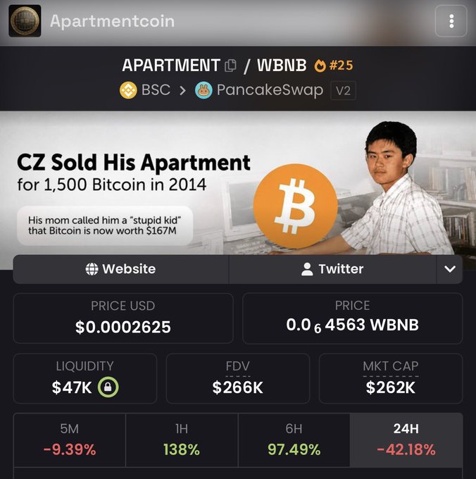 A cryptocurrency tracker page for 'Apartmentcoin' (APARTMENT/WBNB) on PancakeSwap V2, featuring an image of CZ with the text 'CZ Sold His Apartment for 1,500 Bitcoin in 2014' and showing price data including a -42.18% 24H change.