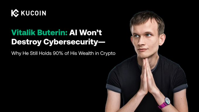 A KuCoin promotional graphic featuring Vitalik Buterin with the headline 'Vitalik Buterin: AI Won't Destroy Cybersecurity—' and subtitle 'Why He Still Holds 90% of His Wealth in Crypto'.