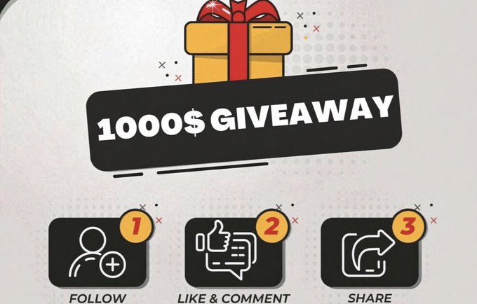A promotional graphic announces a "$1000 GIVEAWAY" with a yellow gift box and red ribbon, instructing participants to complete three steps: "1 FOLLOW," "2 LIKE & COMMENT," and "3 SHARE," corresponding to the tweet's instructions to follow, like/retweet, and join the Telegram for a chance to win.