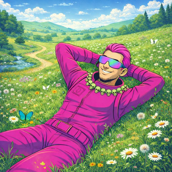 A stylish man with vibrant pink hair, sunglasses, and a skull necklace relaxes in a flower-filled meadow under a sunny sky, perfectly matching the relaxed, cheerful "gm gang" weekend vibes.
