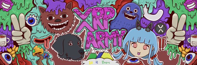 A colorful, cartoonish sticker-bomb style graphic featuring 'XRP ARMY' text in purple drippy letters, surrounded by characters including a werewolf, a blue monster, a girl with blue hair, and various crypto/XRP related imagery.