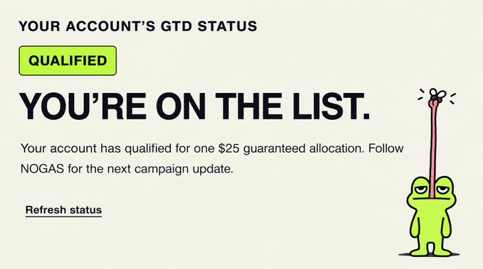 A status page titled 'YOUR ACCOUNT'S GTD STATUS' showing a green 'QUALIFIED' badge and 'YOU'RE ON THE LIST' message about a $25 guaranteed allocation, featuring a Pepe the Frog cartoon character on the right.