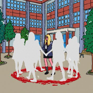 An illustrated scene showing a blonde woman in a school uniform standing in a courtyard with checkered/placeholder silhouettes of other figures arranged in a circle, with trees and a multi-story building in the background.