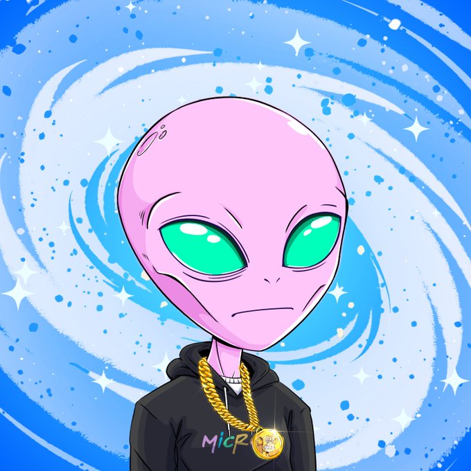 A cartoon-style illustration features a pink-skinned alien with large green eyes wearing a black hoodie and gold chain, set against a swirling blue cosmic background with the text 'MicP' at the bottom.