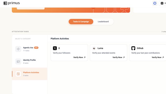 A Primus webpage displays a "Tasks & Campaign" section with the highlighted category "Platform Activities" and tasks for X, Luma, and Github.