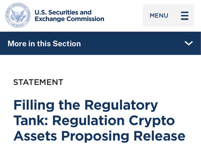 The image shows an official SEC (U.S. Securities and Exchange Commission) webpage announcing the release of a new statement titled "Filling the Regulatory Tank: Regulation Crypto Assets Proposing Release," which relates to the post's coverage of the SEC's newly unveiled framework providing limited exemptions and a safe harbor for crypto fundraising in the U.S.