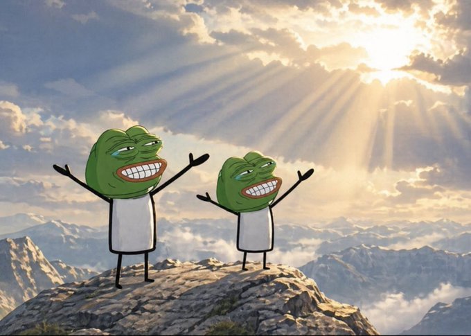 Two happy crying Pepe frogs standing on a mountain peak with their arms raised toward a sunburst in the sky.