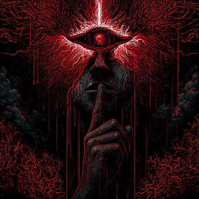 A dark, surreal digital illustration featuring a menacing face with a large, glowing red eye in the center and a finger pressed to its lips in a 'shush' gesture, surrounded by red, vein-like patterns and dripping blood.