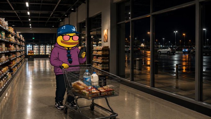 A cartoon character wearing a purple hoodie, a blue cap with a white star, and pink sunglasses stands in a grocery store aisle with a shopping cart containing items like a milk jug, next to a large window showing a wet parking lot at night.