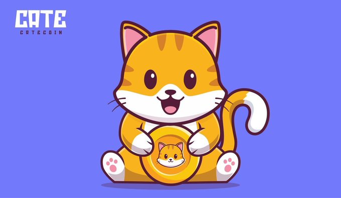A cute cartoon orange tabby cat sits holding a golden coin with a cat face on it, with "CATE CATECOIN" text in the upper left corner against a purple background. The image illustrates the $CATE / CateCoin meme token being discussed, visually representing the project's cat-themed branding on BNB Chain.