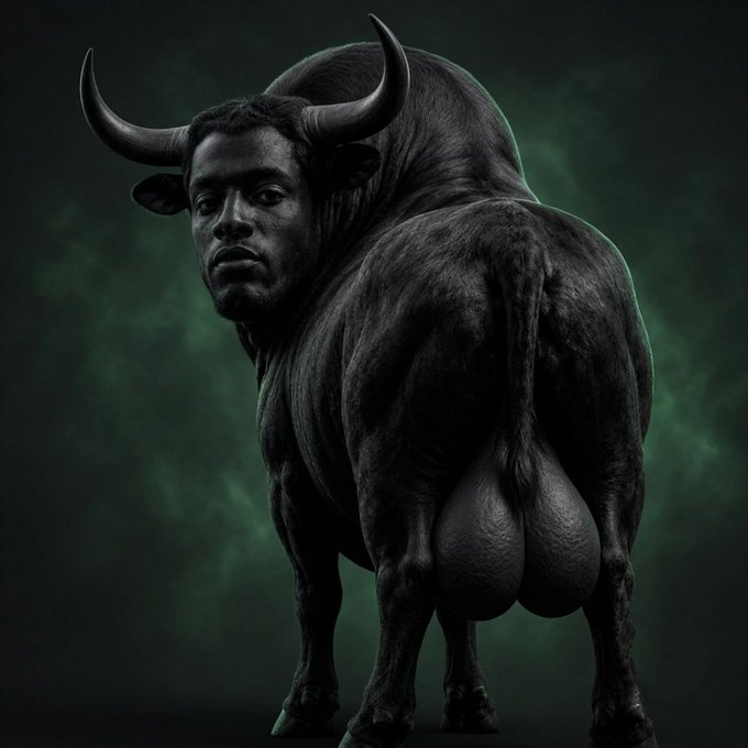A dark, artistic digital rendering of a minotaur figure with a human face merged with a muscular black bull body, set against a green smoky background.