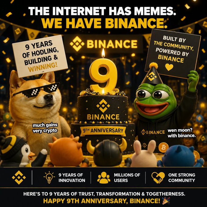 A celebratory Binance 9th anniversary graphic featuring the Doge Shiba Inu and Pepe the Frog mascots flanking a black and gold birthday cake with a '9' candle, displaying text including 'THE INTERNET HAS MEMES. WE HAVE BINANCE.' and '9 YEARS OF HODLING, BUILDING & WINNING!'.