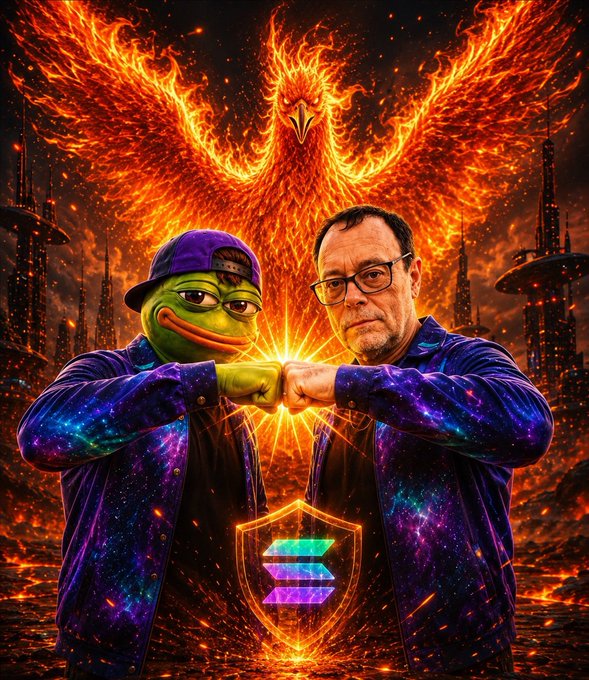 A dramatic digital artwork featuring a man and a Pepe frog character fist-bumping in front of a fiery phoenix, wearing galaxy-patterned jackets, with a Solana logo shield between them.